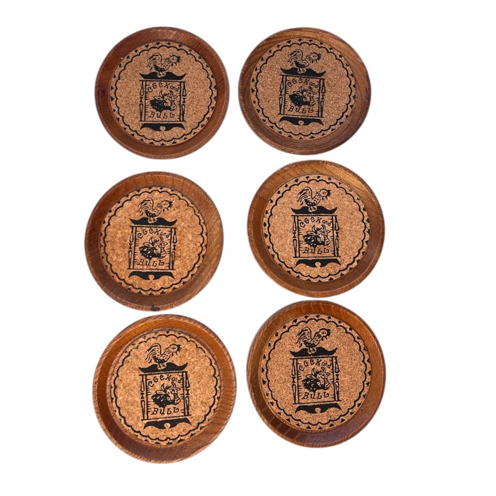 Vintage Set of 6 Round Cork Wood Drink Cocktail Coasters 3"